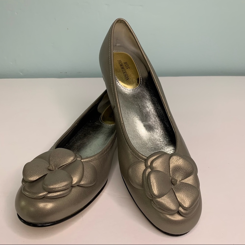 Ros Hommerson Flat Shoes Metallic Leather 3 D Flower Slip-On Balletcore 7